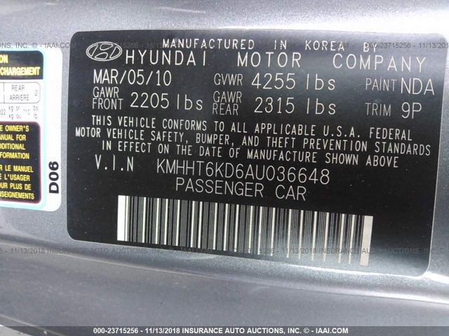 KMHHT6KD6AU036648 - 2010 HYUNDAI GENESIS COUPE 2.0T GRAY photo 9