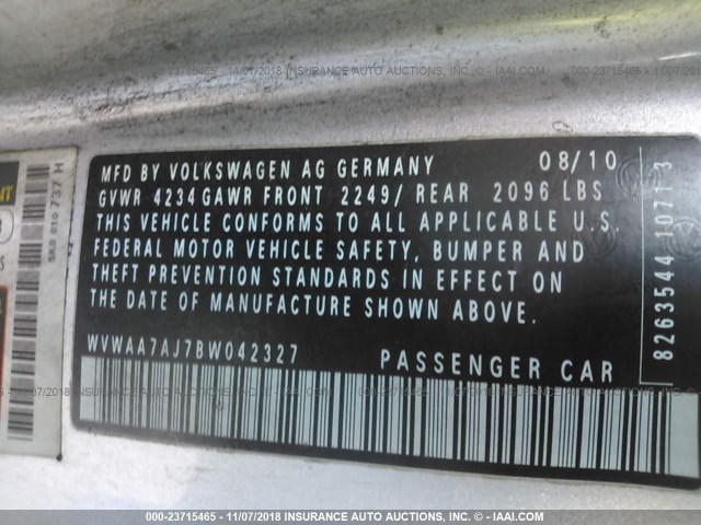 WVWAA7AJ7BW042327 - 2011 VOLKSWAGEN GOLF SILVER photo 9