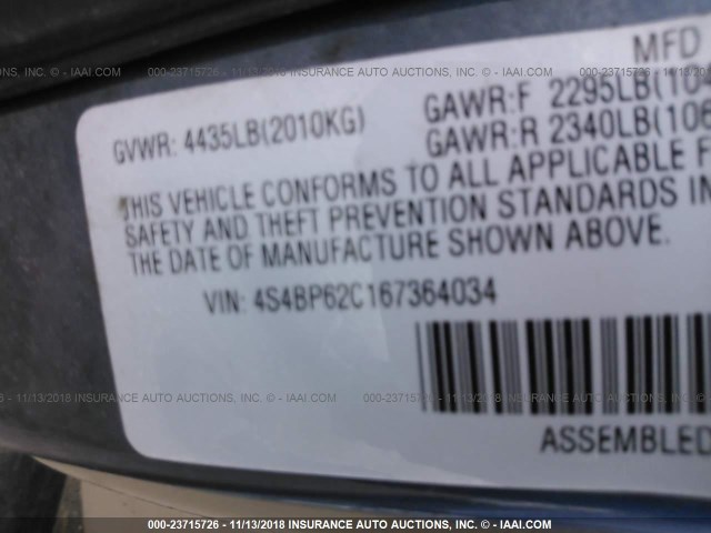 4S4BP62C167364034 - 2006 SUBARU LEGACY OUTBACK 2.5I LIMITED BLUE photo 9