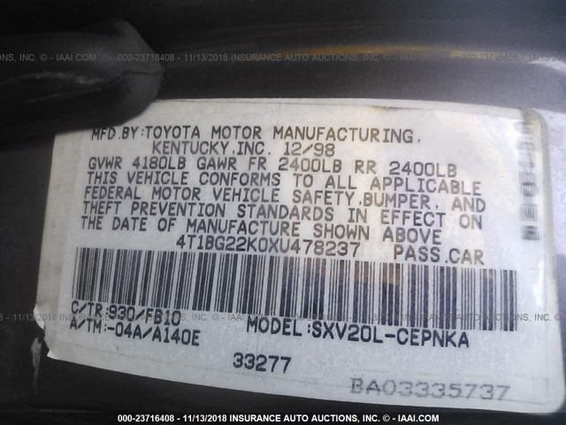 4T1BG22K0XU478237 - 1999 TOYOTA CAMRY CE/LE/XLE 灰色 照片 9