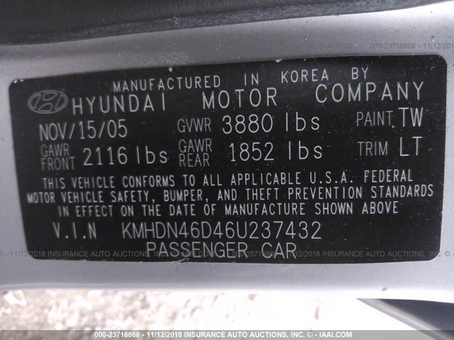 KMHDN46D46U237432 - 2006 HYUNDAI ELANTRA GLS/GT/LIMITED SILVER photo 9