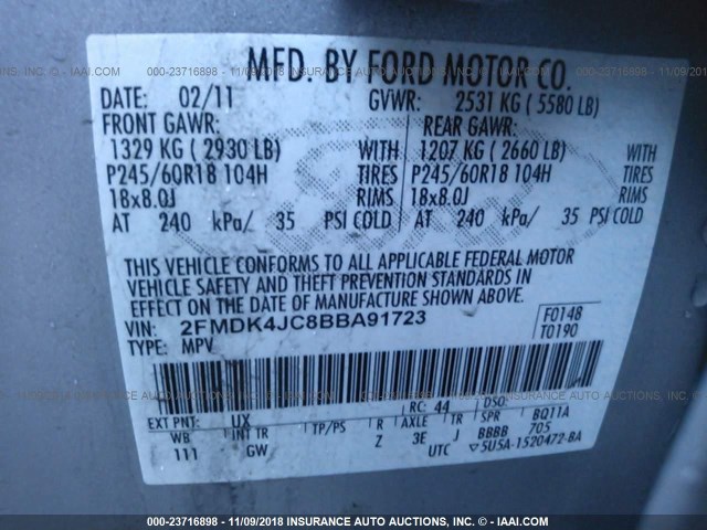 2FMDK4JC8BBA91723 - 2011 FORD EDGE SEL SILVER photo 9