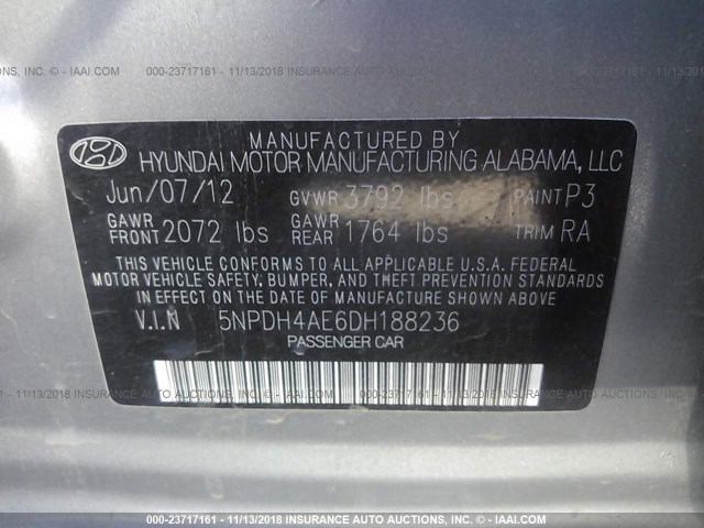 5NPDH4AE6DH188236 - 2013 HYUNDAI ELANTRA GLS/LIMITED GRAY photo 9