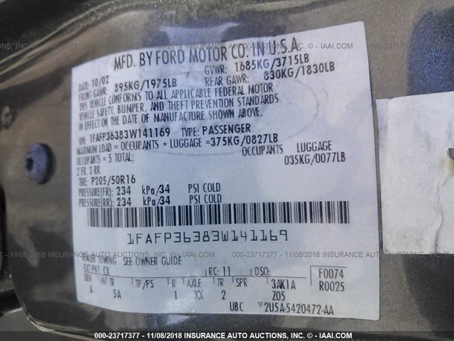 1FAFP36383W141169 - 2003 FORD FOCUS SE/SE SPORT/ZTW GRAY photo 9