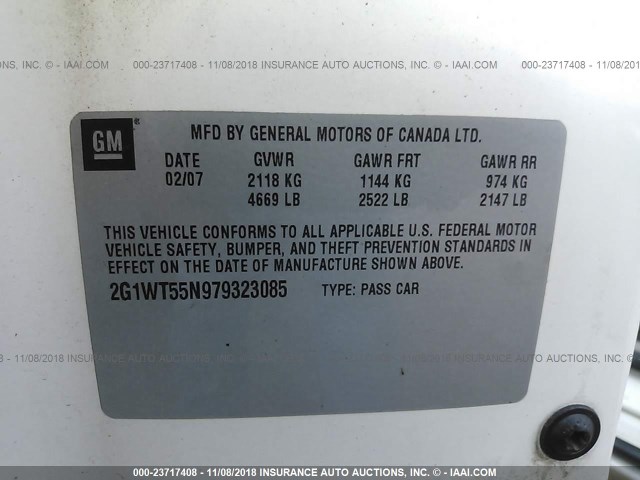 2G1WT55N979323085 - 2007 CHEVROLET IMPALA LT WHITE photo 9