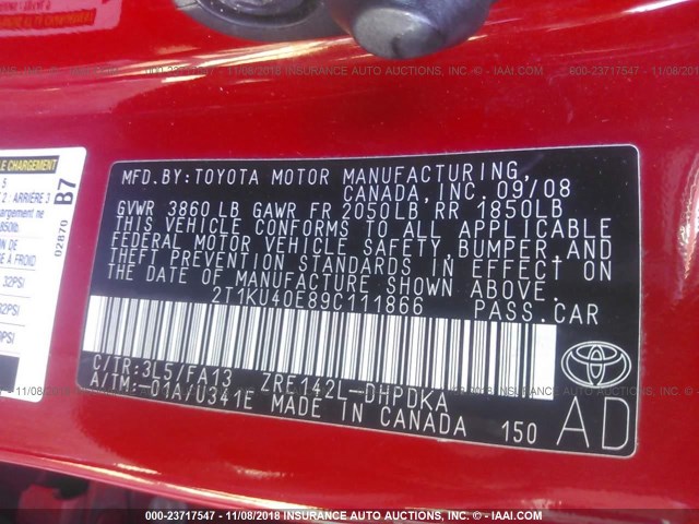 2T1KU40E89C111866 - 2009 TOYOTA COROLLA MATRIX  RED photo 9