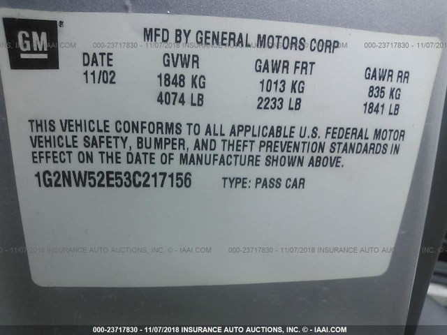 1G2NW52E53C217156 - 2003 PONTIAC GRAND AM GT SILVER photo 9