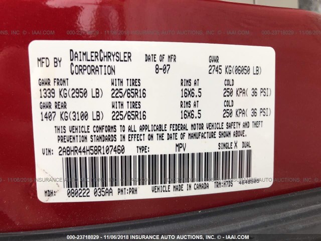 2A8HR44H58R107460 - 2008 CHRYSLER TOWN & COUNTRY LX RED photo 9