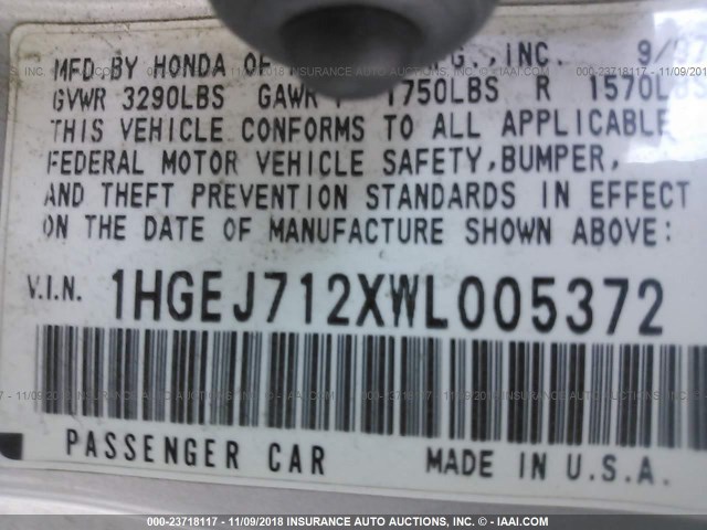 1HGEJ712XWL005372 - 1998 HONDA CIVIC HX SILVER photo 9