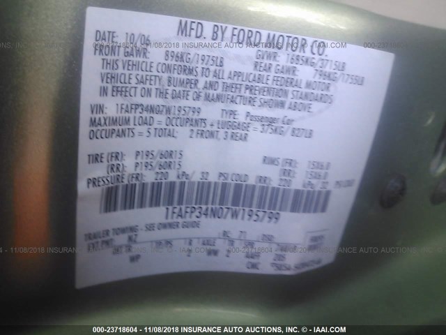 1FAFP34N07W195799 - 2007 FORD FOCUS ZX4/S/SE/SES 绿色 照片 9