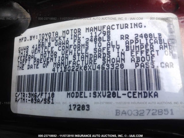 4T1BG22K0XU463320 - 1999 TOYOTA CAMRY CE/LE/XLE 栗色 照片 9