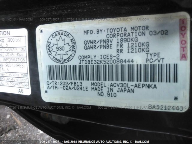 JTDBE32K520088444 - 2002 TOYOTA CAMRY LE/XLE/SE BLACK photo 9