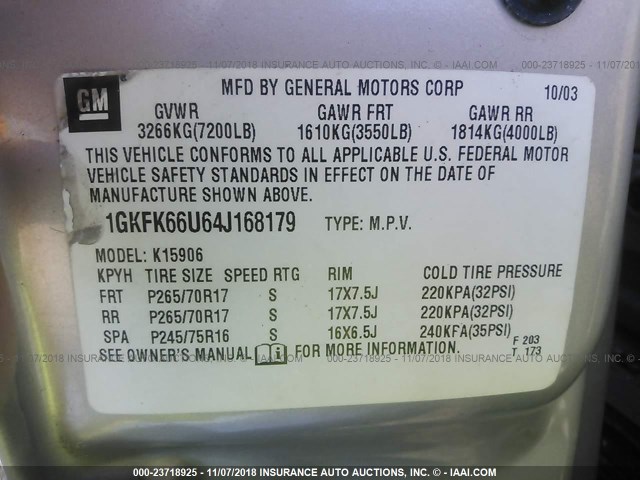 1GKFK66U64J168179 - 2004 GMC YUKON XL DENALI GRAY photo 9