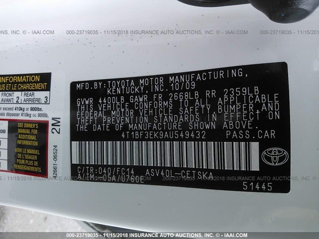 4T1BF3EK9AU549432 - 2010 TOYOTA CAMRY SE/LE/XLE თეთრი ფოტო 9