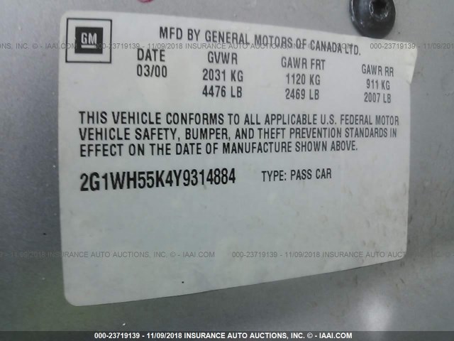 2G1WH55K4Y9314884 - 2000 CHEVROLET IMPALA LS SILVER photo 9