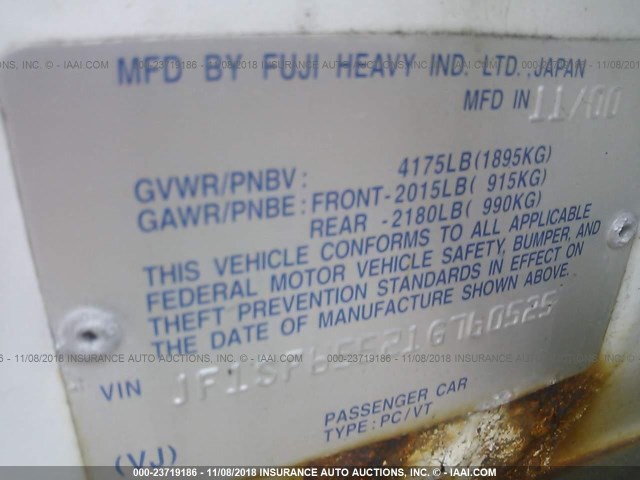 JF1SF65521G760525 - 2001 SUBARU FORESTER S WHITE photo 9