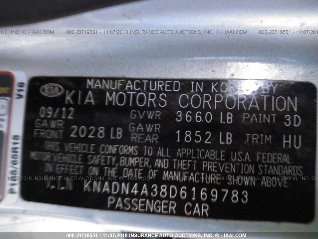 KNADN4A38D6169783 - 2013 KIA RIO EX/SX SILVER photo 9