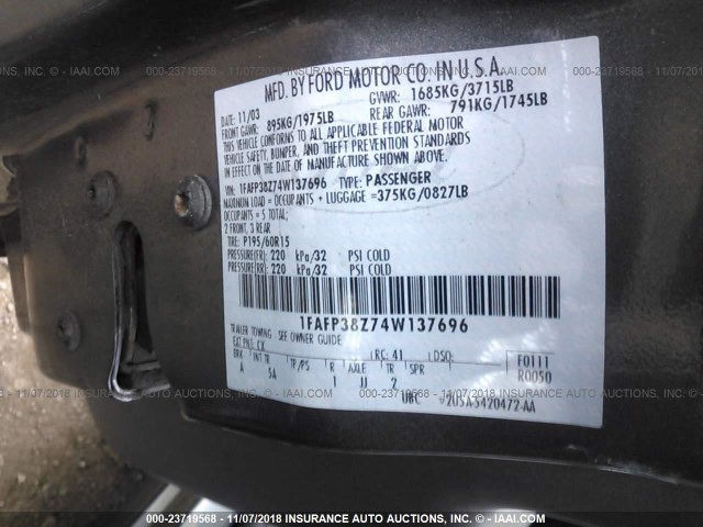 1FAFP38Z74W137696 - 2004 FORD FOCUS ZTS GRAY photo 9