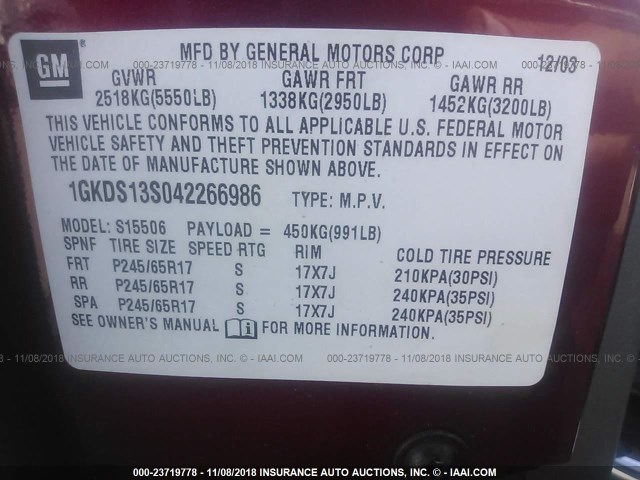 1GKDS13S042266986 - 2004 GMC ENVOY RED photo 9