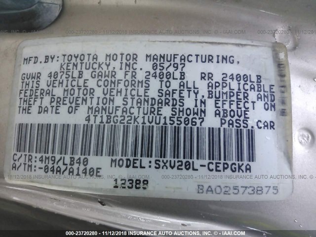 4T1BG22K1VU155067 - 1997 TOYOTA CAMRY CE/LE/XLE 金色 照片 9