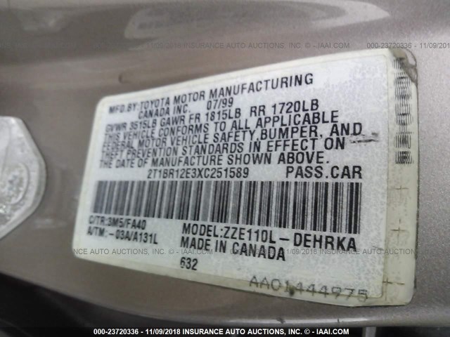 2T1BR12E3XC251589 - 1999 TOYOTA COROLLA VE/CE/LE 金色 照片 9