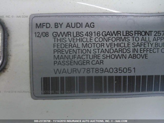WAURV78T89A035051 - 2009 AUDI S5 QUATTRO 白色 照片 9