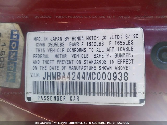 JHMBA4244MC000938 - 1991 HONDA PRELUDE SI/4WS RED photo 9