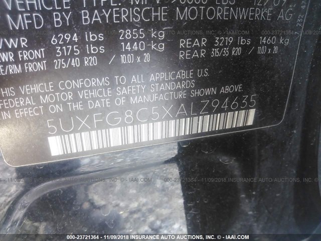 5UXFG8C5XALZ94635 - 2010 BMW X6 XDRIVE50I BLACK photo 9