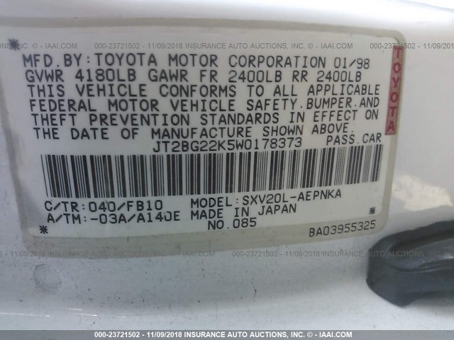 JT2BG22K5W0178373 - 1998 TOYOTA CAMRY CE/LE/XLE 白色 照片 9