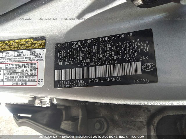 4T1BF30KX5U615466 - 2005 TOYOTA CAMRY LE/XLE/SE SILVER photo 9