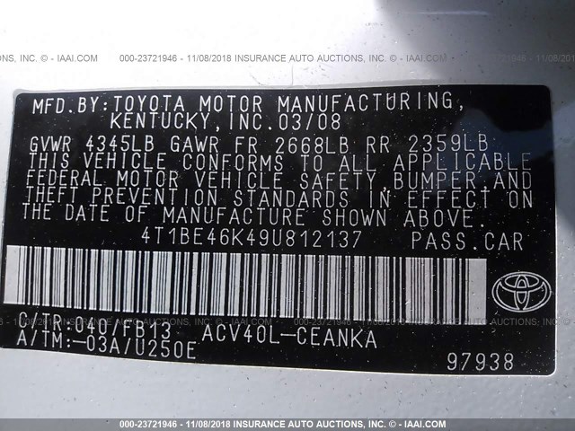 4T1BE46K49U812137 - 2009 TOYOTA CAMRY SE/LE/XLE WHITE photo 9