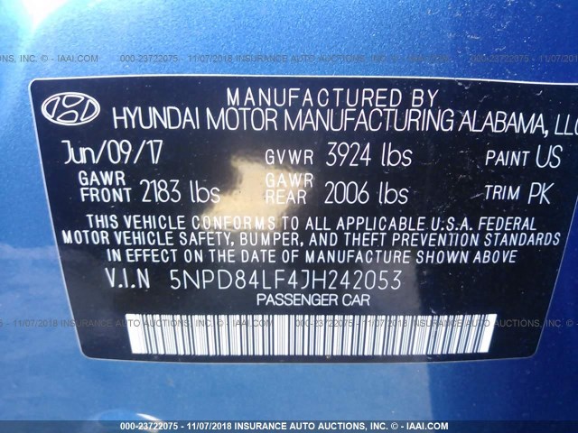 5NPD84LF4JH242053 - 2018 HYUNDAI ELANTRA SEL/VALUE/LIMITED BLUE photo 9