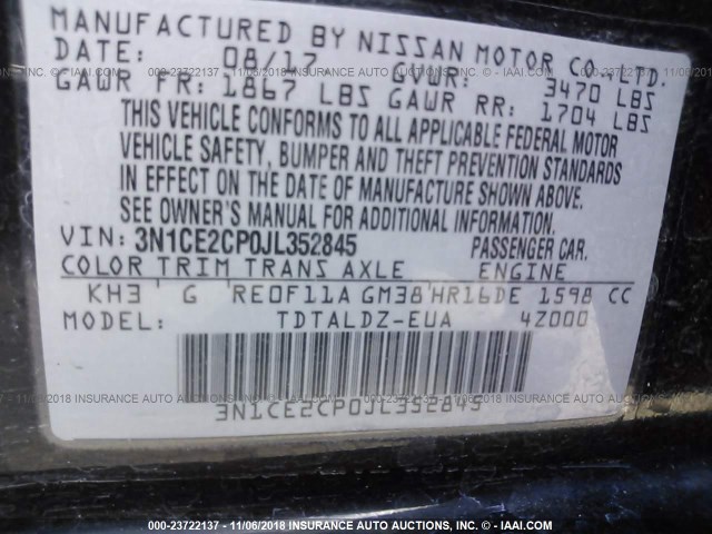 3N1CE2CP0JL352845 - 2018 NISSAN VERSA NOTE S/S PLUS/SV/SL/SR BLACK photo 9