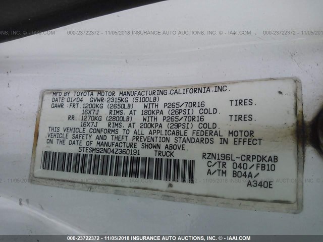 5TESM92N04Z360191 - 2004 TOYOTA TACOMA XTRACAB PRERUNNER თეთრი ფოტო 9