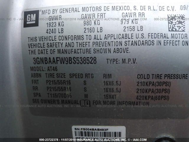 3GNBAAFW9BS538528 - 2011 CHEVROLET HHR LS Pewter foto 9