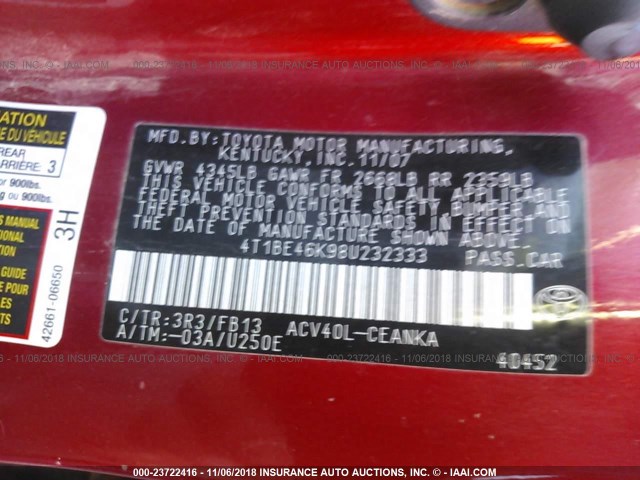 4T1BE46K98U232333 - 2008 TOYOTA CAMRY CE/LE/XLE/SE RED photo 9