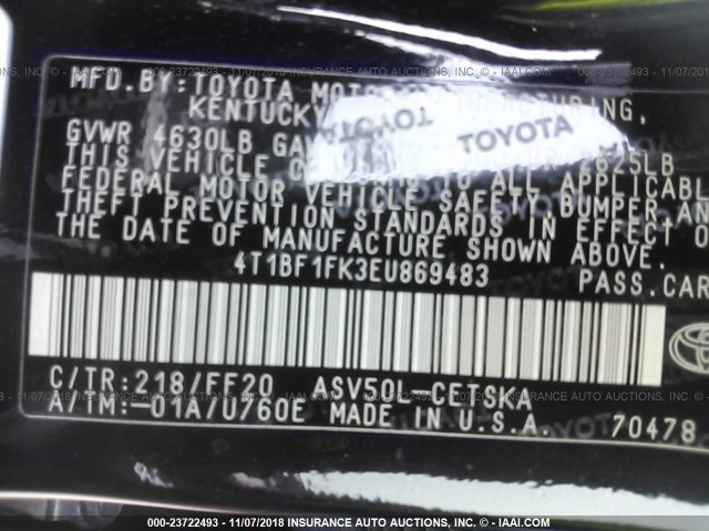 4T1BF1FK3EU869483 - 2014 TOYOTA CAMRY L/SE/LE/XLE Qara foto 9
