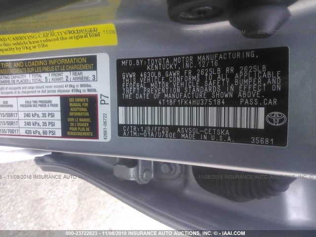 4T1BF1FK4HU375184 - 2017 TOYOTA CAMRY LE/XLE/SE/XSE 银色 照片 9