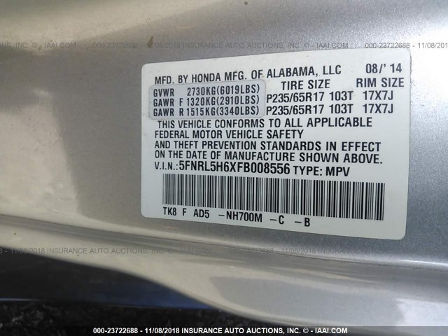 5FNRL5H6XFB008556 - 2015 HONDA ODYSSEY EXL SILVER photo 9