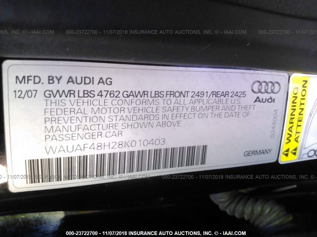 WAUAF48H28K010403 - 2008 AUDI A4 2.0T CABRIOLET BLACK photo 9