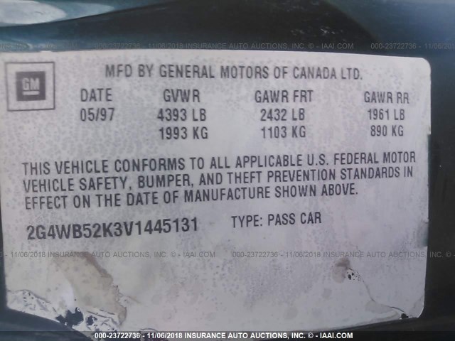 2G4WB52K3V1445131 - 1997 BUICK REGAL LS GREEN photo 9