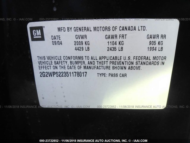 2G2WP522351178017 - 2005 PONTIAC GRAND PRIX შავი ფოტო 9