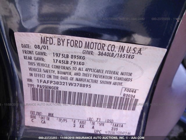 1FAFP38321W378895 - 2001 FORD FOCUS ZTS BLUE photo 9