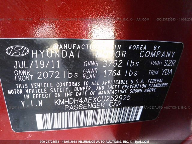 KMHDH4AEXCU252925 - 2012 HYUNDAI ELANTRA GLS/LIMITED RED photo 9