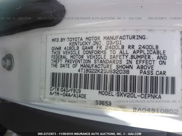 4T1BG22K21U832038 - 2001 TOYOTA CAMRY CE/LE/XLE 白色 照片 9