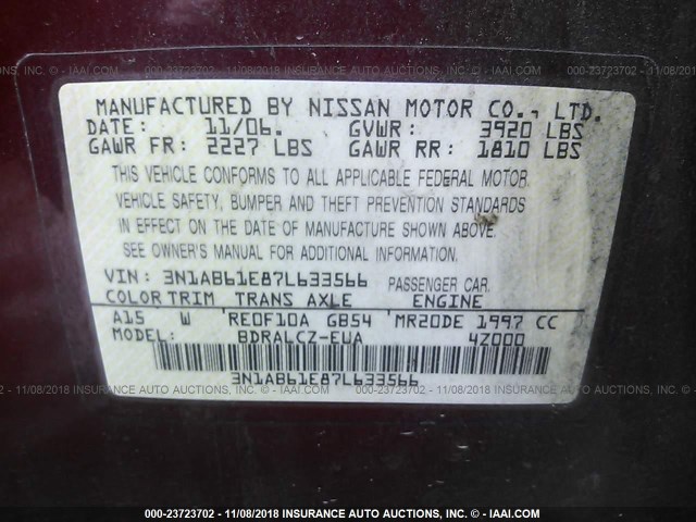 3N1AB61E87L633566 - 2007 NISSAN SENTRA 2.0/2.0S/2.0SL BLACK photo 9