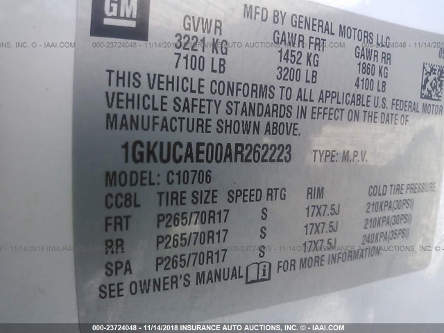 1GKUCAE00AR262223 - 2010 GMC YUKON SLE WHITE photo 9