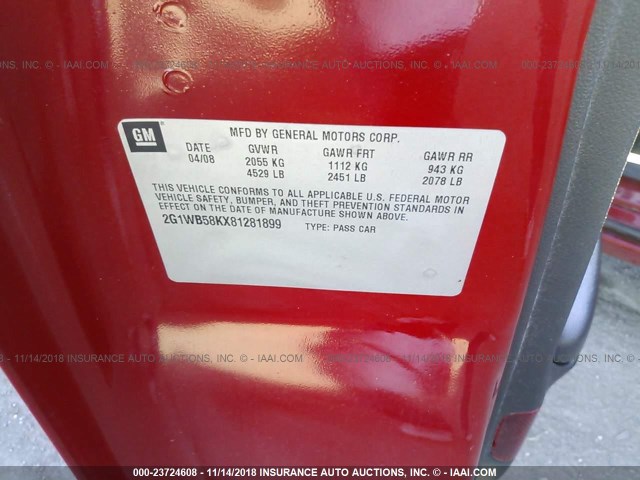 2G1WB58KX81281899 - 2008 CHEVROLET IMPALA LS RED photo 9