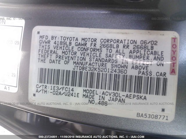 JTDBE32K520124360 - 2002 TOYOTA CAMRY LE/XLE/SE Boz foto 9