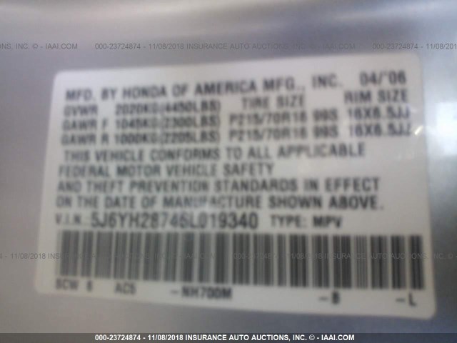 5J6YH28746L019340 - 2006 HONDA ELEMENT EX SILVER photo 9